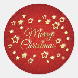 Sticker Rond étoiles d'or sur damas rouge Joyeux Noël