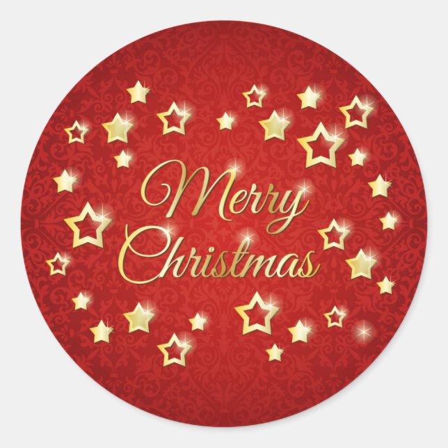 Sticker Rond étoiles d'or sur damas rouge Joyeux Noël (Devant)