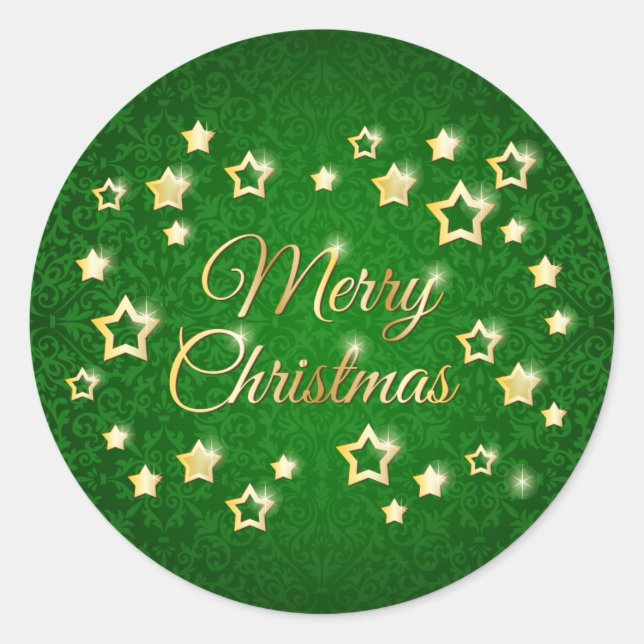 Sticker Rond étoiles d'or sur damas vert Joyeux Noël (Devant)