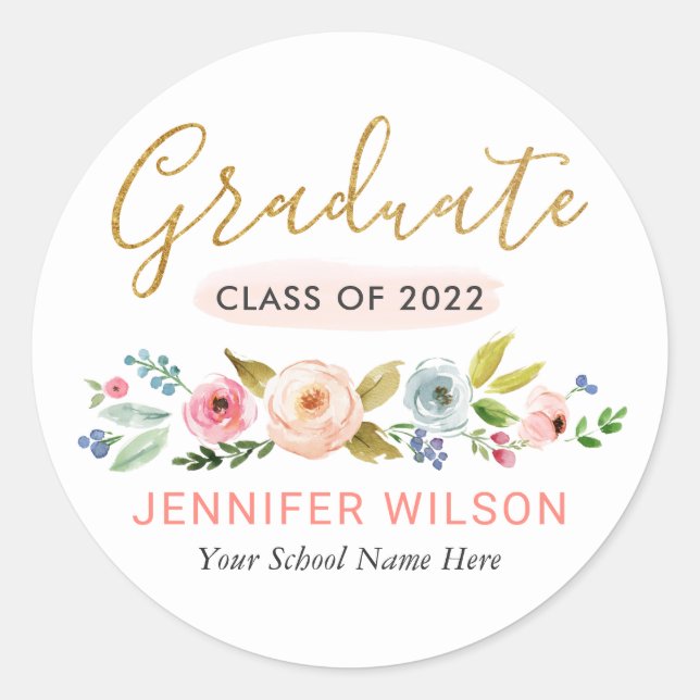 Sticker Rond Étudiant Or Script Aquarelle Florale Graduation (Devant)