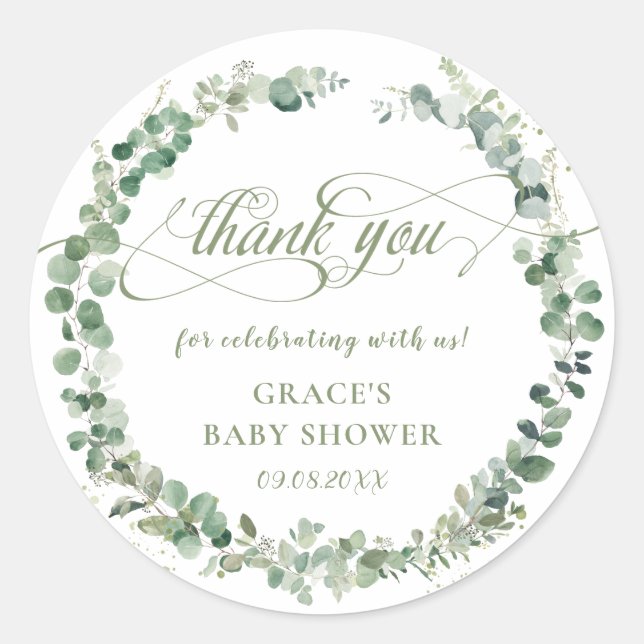 Sticker Rond Eucalyptus Baby shower vert Merci Favoriser (Devant)