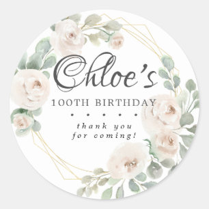 Sticker Rond Eucalyptus Blanc Floral 100e Anniversaire Merci