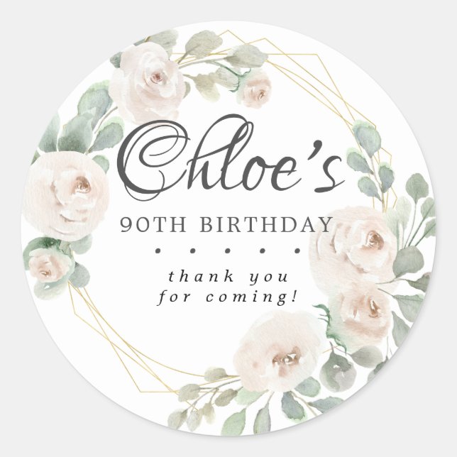 Sticker Rond Eucalyptus Blanc Floral 90e Anniversaire Merci (Devant)