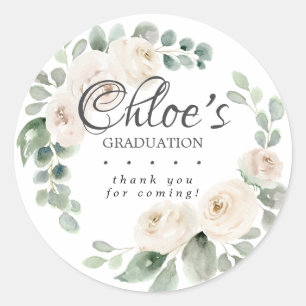 Sticker Rond Eucalyptus Blanc Merci de graduation Florale