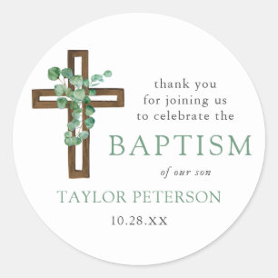 Sticker Rond Eucalyptus Cross Moderne Baptême Merci Favoriser