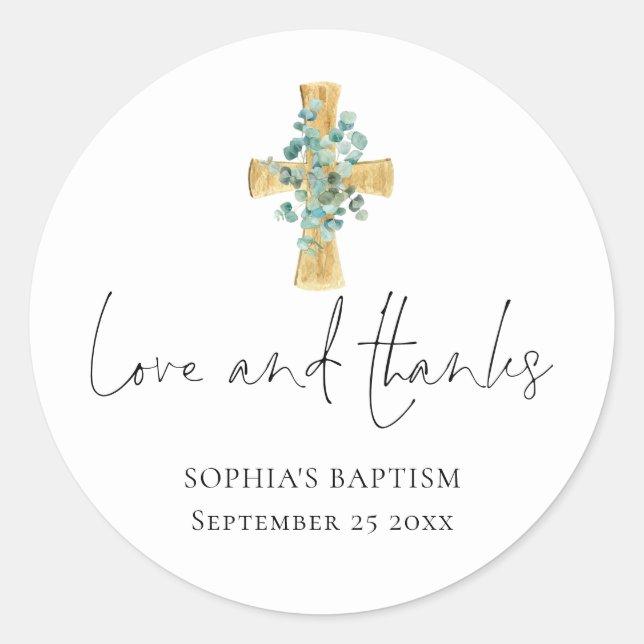 Sticker Rond Eucalyptus Cross Script Baptême Christening Merci (Devant)
