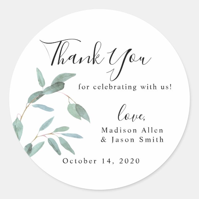 Sticker Rond Eucalyptus Feuille de verdure Merci Mariage simple (Devant)