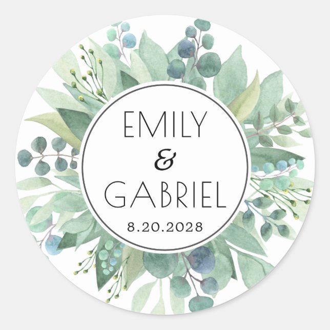 Sticker Rond Eucalyptus Feuille Mariage d'aquarelle (Devant)