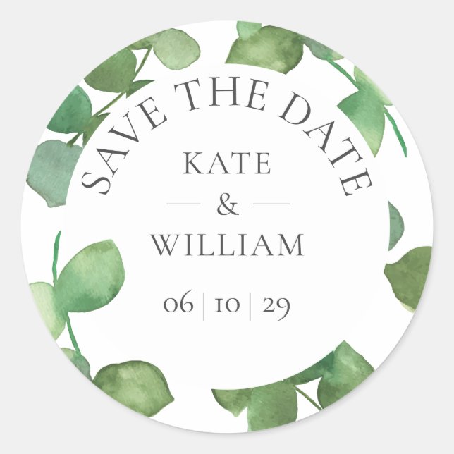 Sticker Rond Eucalyptus Feuilles mariage Enregistrer la date Fa (Devant)