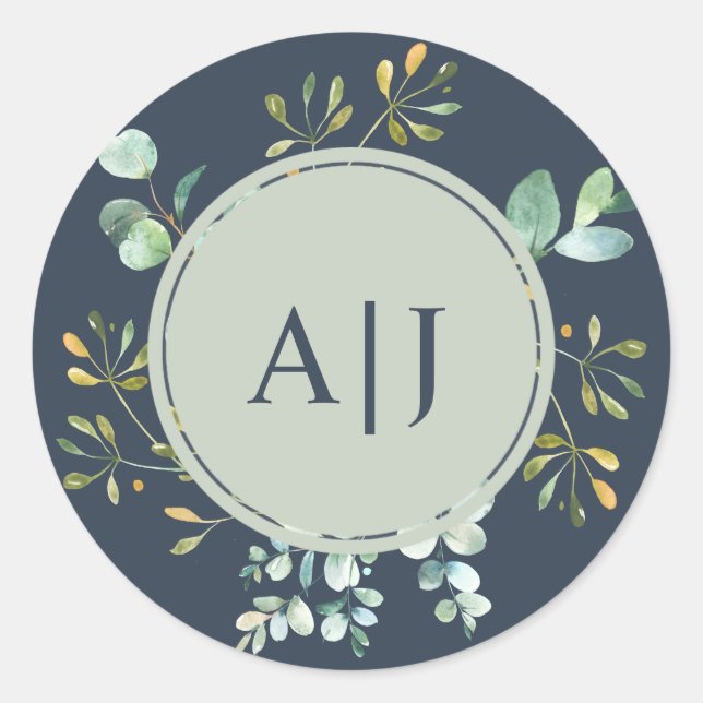 Sticker Rond Eucalyptus Foliage Mariage Botanique Monogramme (Devant)