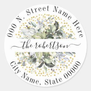 Sticker Rond Eucalyptus Gold Parties scintillant Adresse de ret
