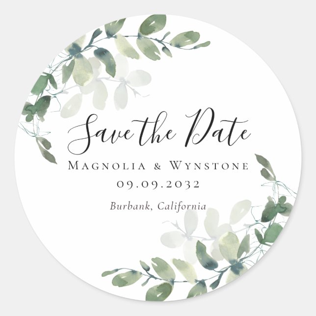 Sticker Rond Eucalyptus Green Enregistrer la date (Devant)