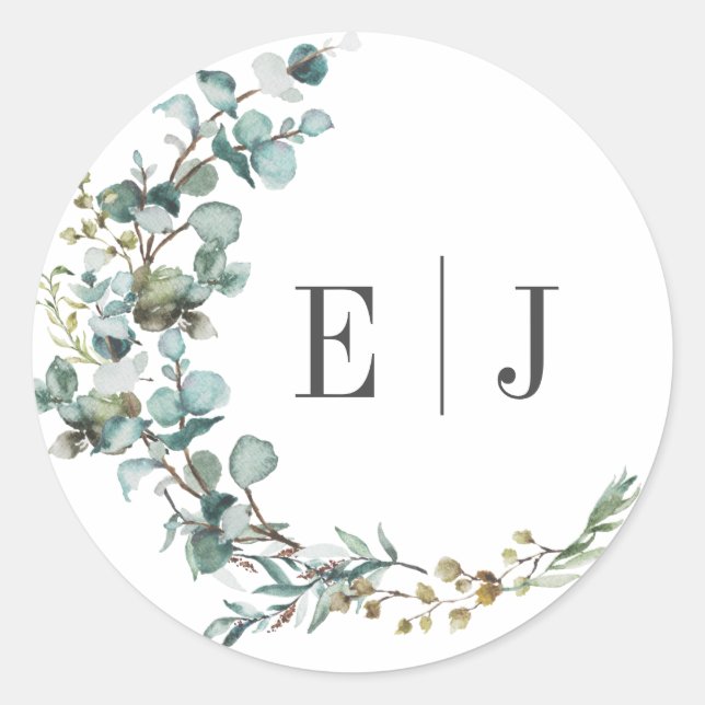 Sticker Rond Eucalyptus Mariage à l'aquarelle chic (Devant)