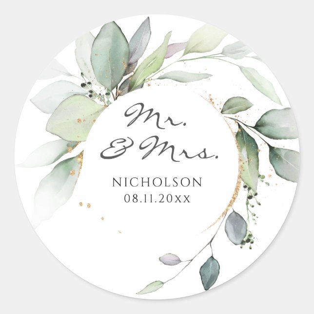 Sticker Rond Eucalyptus moderne vert or M. & Mme (Devant)
