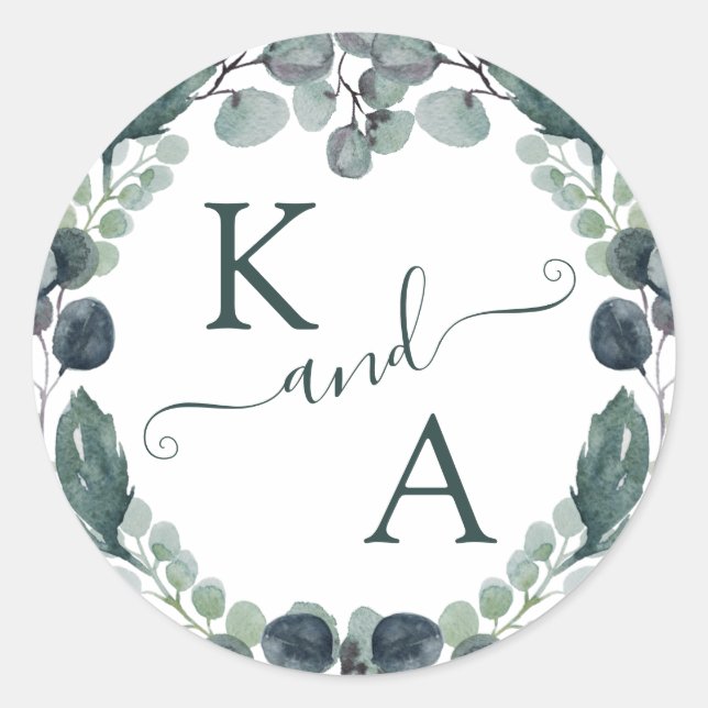 Sticker Rond Eucalyptus Monogram Mariage d'aquarelle (Devant)