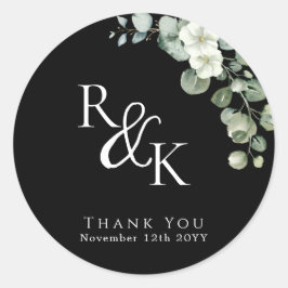 Sticker Rond Eucalyptus Noir & Blanc Minimaliste Monogramme mar