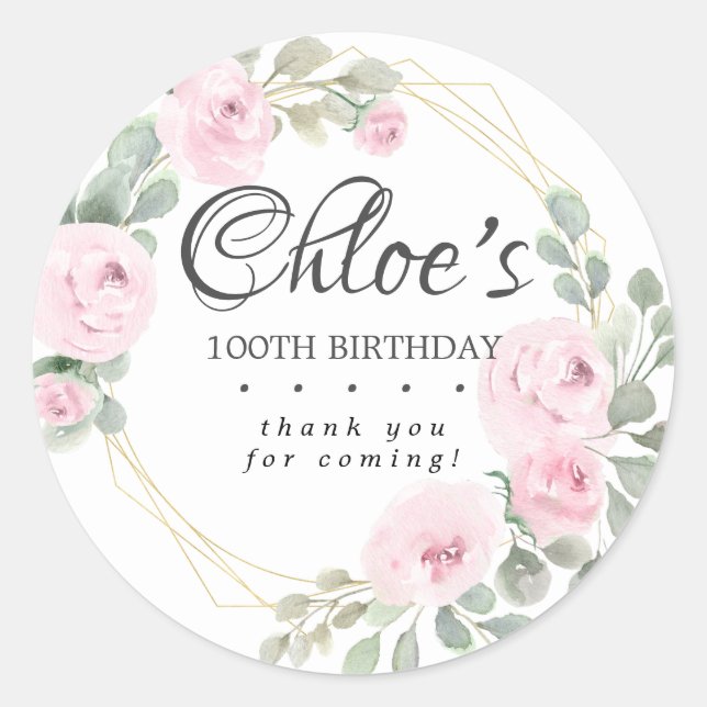 Sticker Rond Eucalyptus rose Floral 100e anniversaire Merci (Devant)