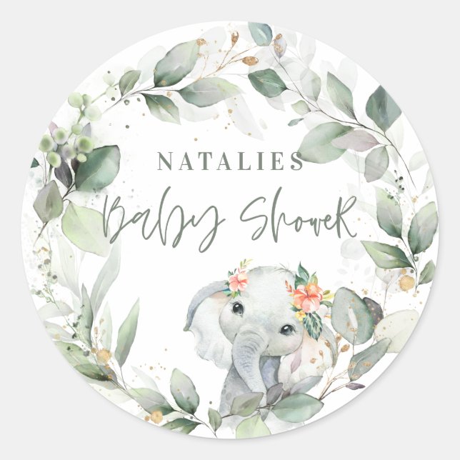 Sticker Rond eucalyptus sauge vert mignon baby shower d'éléphan (Devant)