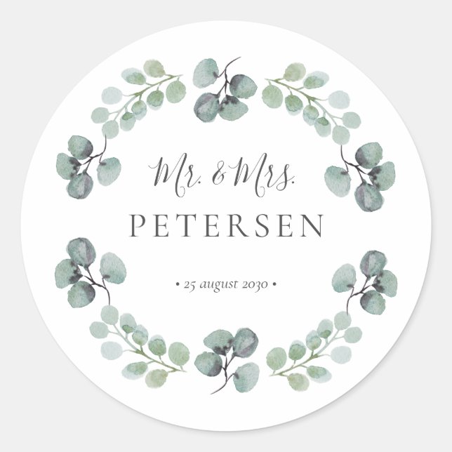 Sticker Rond Eucalyptus verdure m et mme nom mariage (Devant)