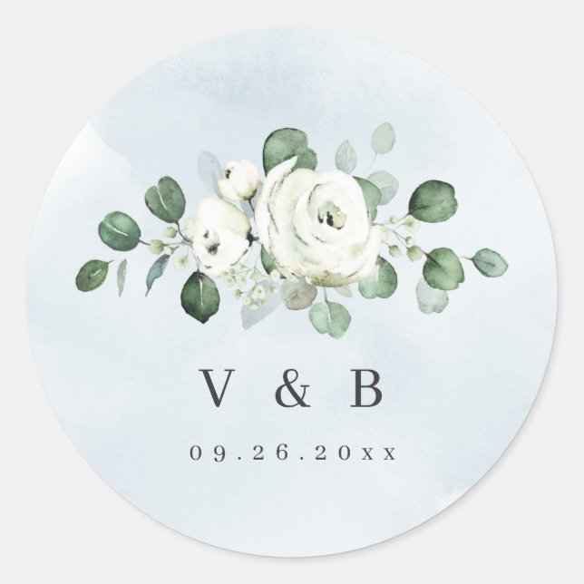 Sticker Rond Eucalyptus Vert blanc floral rustique monogramme (Devant)