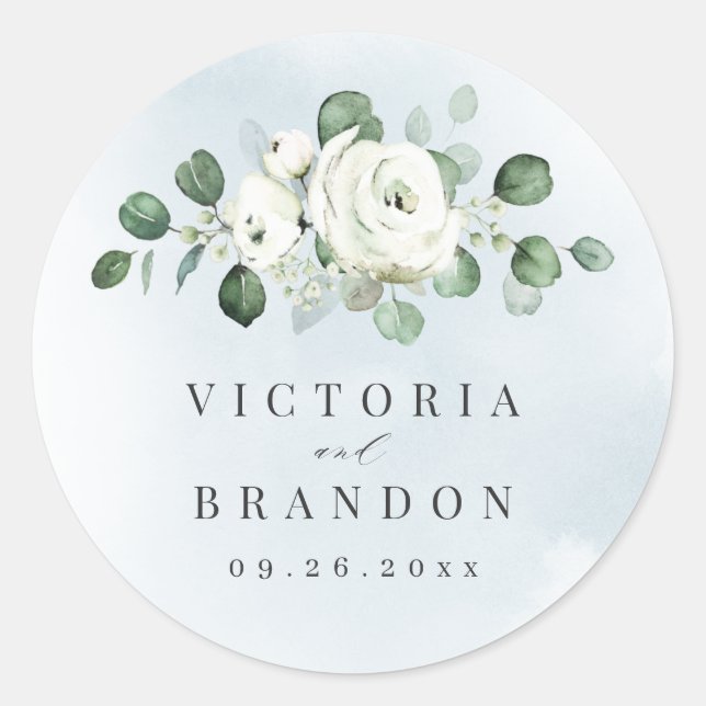 Sticker Rond Eucalyptus Vert blanc floral rustique monogramme (Devant)