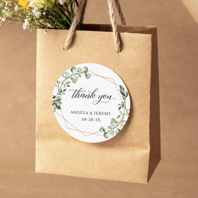 Sticker Rond Eucalyptus Vert Merci Mariage géométrique (Créateur téléchargé)