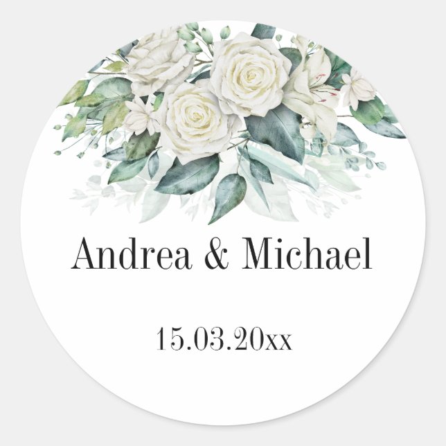 Sticker Rond Eucalyptus vert roses blanches personnalisées (Devant)