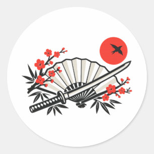 Sticker Rond Eventail pliable japonais minimaliste Soleil rouge
