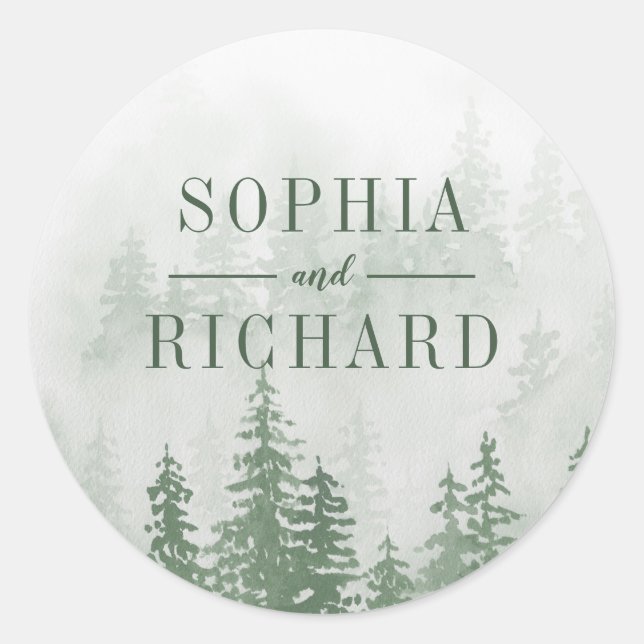 Sticker Rond Evergreens dans la forêt de brouillard en Mariage  (Devant)