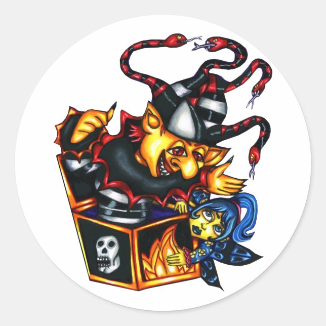 Sticker Rond Evil Jack In the Box et fée Goth Imaginaire art (Devant)