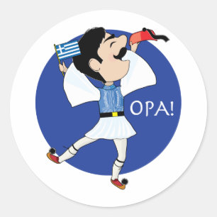 Sticker Rond Evzone grecque danser avec Drapeau OPA!