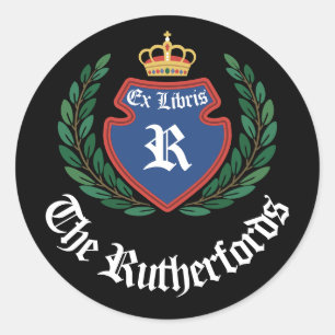 Sticker Rond Ex Libris Couronne de lauriers Monogramme Crête Bl