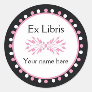 Sticker Rond Ex-libris ex de Libris - pois blanc rose