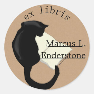 Sticker Rond ex libris, lecture de chat