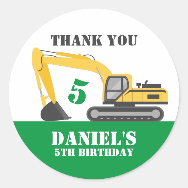 Sticker Rond Excavateur Enfants Constructeurs Garçons Anniversa (Devant)