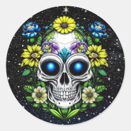 Sticker Rond Extraterrestre Alien avec yeux et fleurs bleus