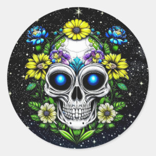 Sticker Rond Extraterrestre Alien avec yeux et fleurs bleus