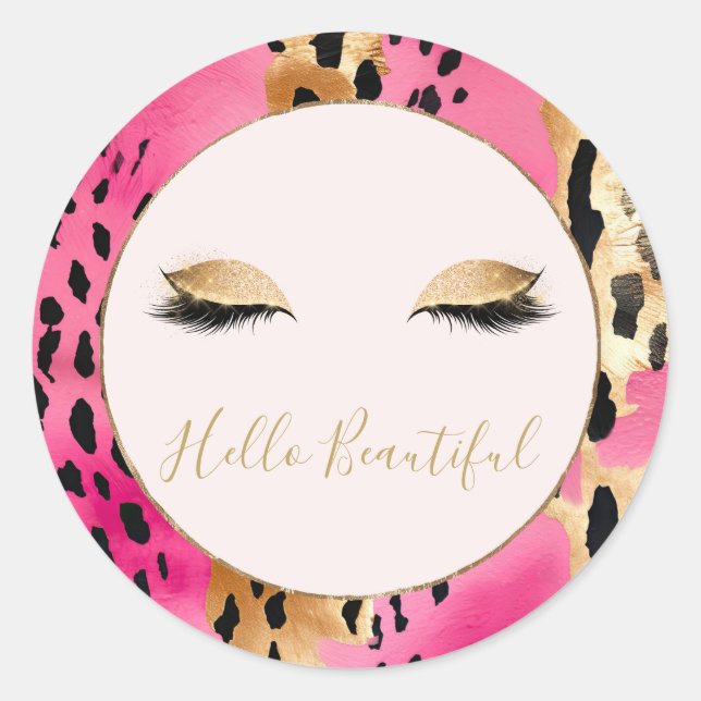 Sticker Rond Eyelashes Fille Glam rose Étincelle Leopard (Devant)