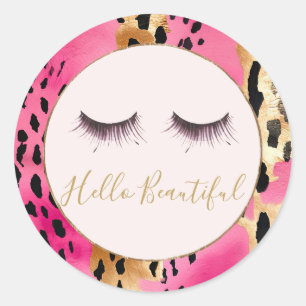 Sticker Rond Eyelashes rose Glam Leopard or