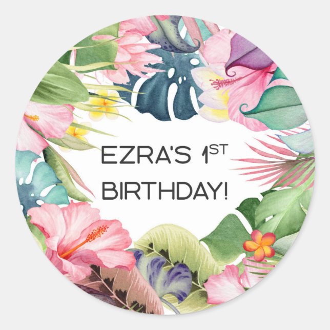 Sticker Rond Ezra phoque d'anniversaire tropical (Devant)