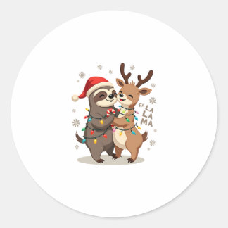 Sticker Rond Fa La La Llama Xmas Lights Sloth Riding Llama Chri
