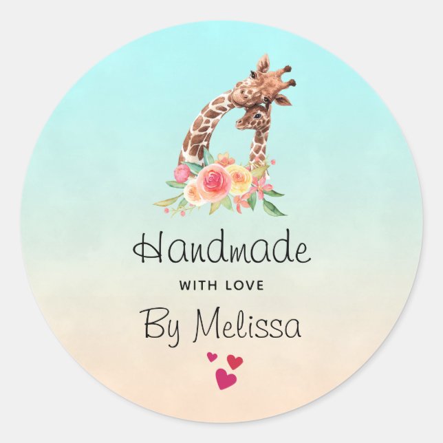 Sticker Rond Fabriqué à la main avec amour Cute Giraffe Maman & (Devant)