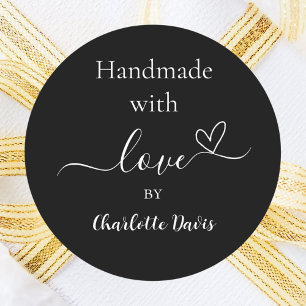 Sticker Rond Fabriqué à la main avec amour noir nom blanc