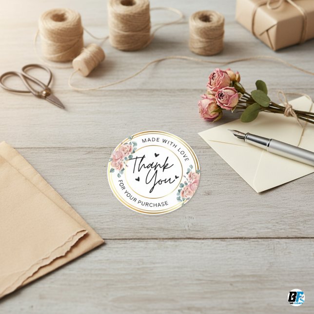 Sticker Rond Fabriqué à la main avec amour nom de coeur Merci (Créateur téléchargé)