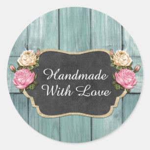 Sticker Rond Fabriqué à la main avec amour Shabby Rose Vintage 
