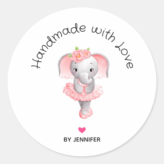 Sticker Rond Fabriqué à la main avec l'amour mignon Eléphant ro (Devant)