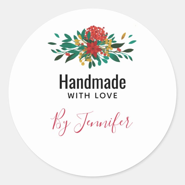 Sticker Rond Fabriqué à la main avec l'amour moderne Rouge Vert (Devant)