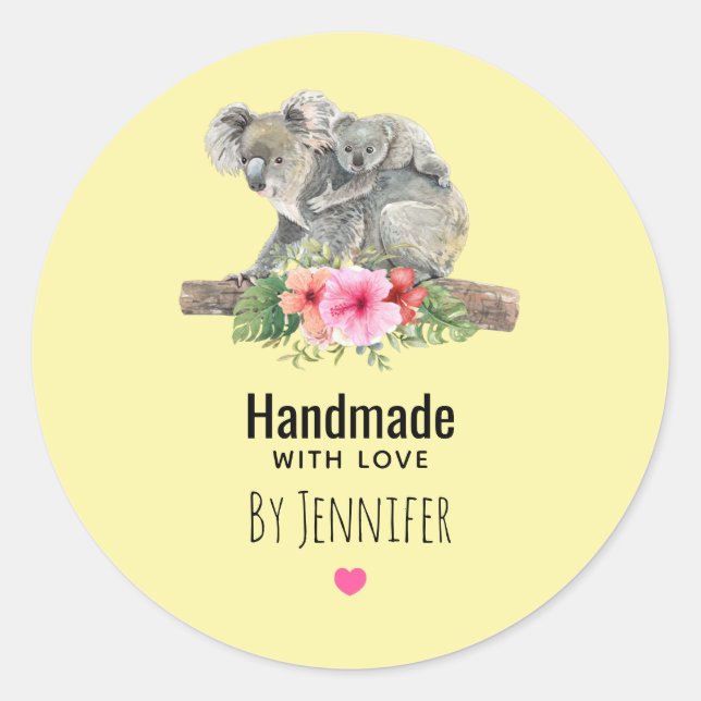 Sticker Rond Fabriqué à la main avec l'Aquarelle d'amour Koala  (Devant)