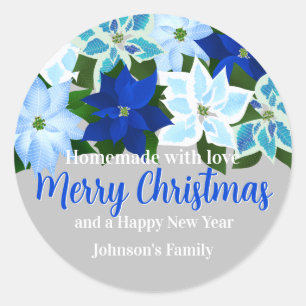 Sticker Rond Fabriqué avec amour - Bleu Poinsettia Noël