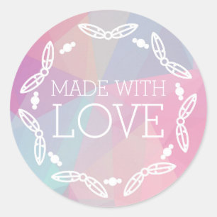 Sticker Rond Fabriqué Avec Amour Boho Chic Plumes Pastel Géomét